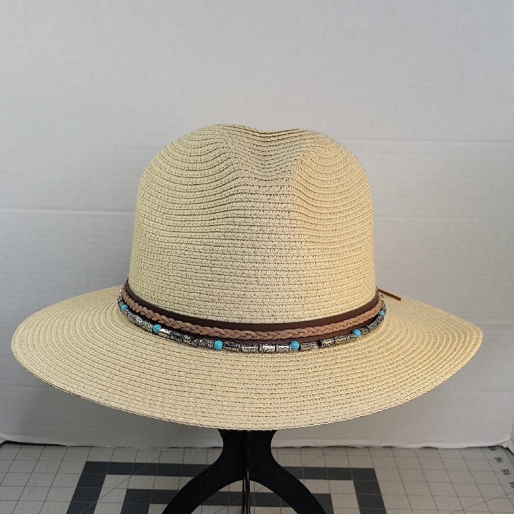 Adjustable Straw Turquoise/Silver Beaded Band Western Boho‎ Sun Hat